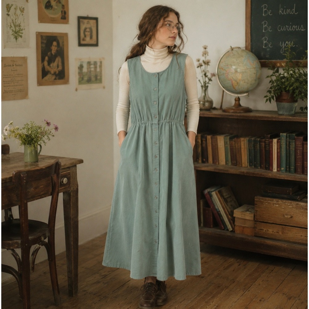 Vintage Lands End Corduroy Midi Dress Button Front Pockets 16 Pinafore Teacher